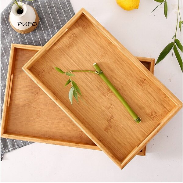 Tava Pufo cu manere din lemn de bambus pentru servire, 38 x 25 cm, maro