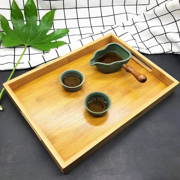 Tava Pufo cu manere din lemn de bambus pentru servire, 38 x 25 cm, maro