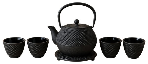 Ceainic din fontă pentru ceai cu sită, cești și suport SONO, 1,2 l, negru
