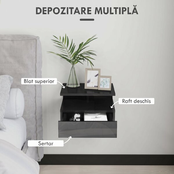 HOMCOM Set de 2 Noptiere Moderne Suspendate pentru Dormitor cu Sertar și Raft, 35x32x22,5 cm, Negru Lucios | Aosom Romania