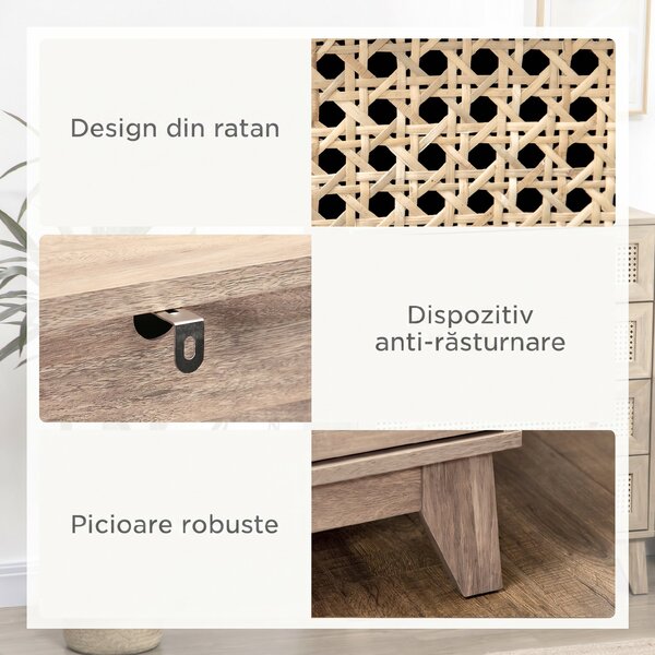 HOMCOM Comodă cu 4 Sertare Stil Boho din Ratan 80x35x95 cm Lemn Natural | Aosom Romania