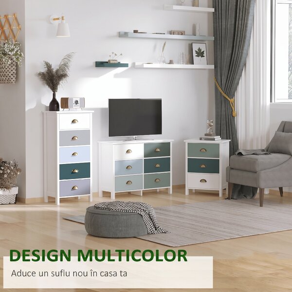 HOMCOM Comodă pentru Dormitor cu 5 Sertare Colorate, cu Mânere Metalice, 45x30x95.4 cm, Multicolor | Aosom Romania