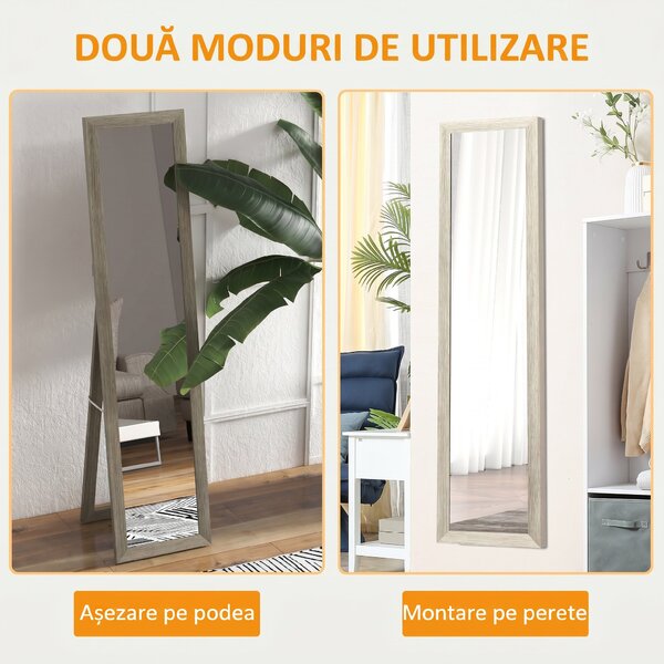 HOMCOM Oglindă Autoportantă Modernă, 37x157 cm, Oglindă de Perete și de Podea în Mărime Naturală cu Ramă din Lemn și Suport, pentru Dormitor, Living și Hol, Gri | Aosom Romania