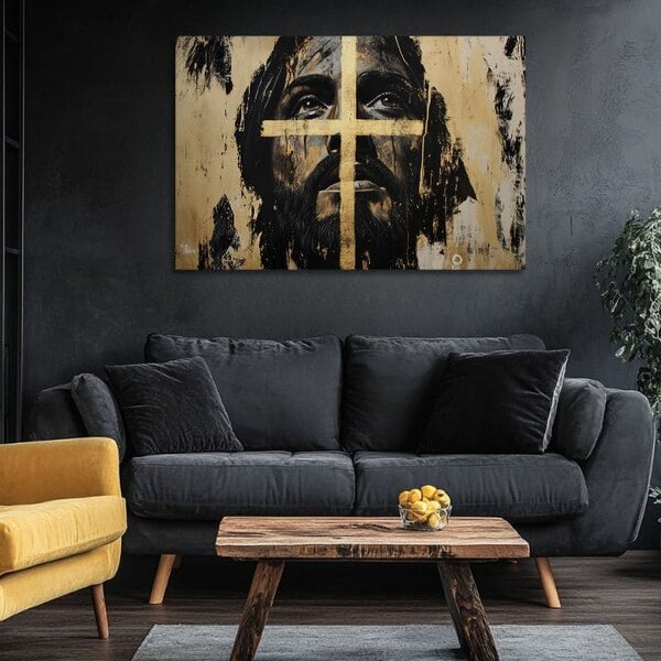 Iisus Mântuitorul cu o cruce de aur | finisată de mâna artistului - 40x60 cm