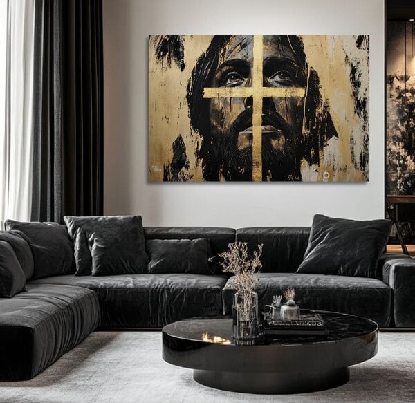 Iisus Mântuitorul cu o cruce de aur | finisată de mâna artistului - 40x60 cm