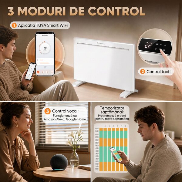 HOMCOM Convector Electric 1500 W, de Perete și Podea, Compatibil Alexa și Google Home, Alb | Aosom Romania