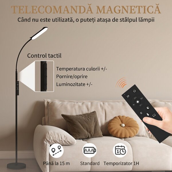 HOMCOM Lampadar cu Arc LED 18W, Braț Flexibil, Telecomandă Magnetică, Control Tactil | Aosom Romania