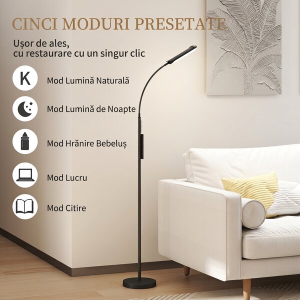 HOMCOM Lampadar cu Arc LED 18W, Braț Flexibil, Telecomandă Magnetică, Control Tactil | Aosom Romania