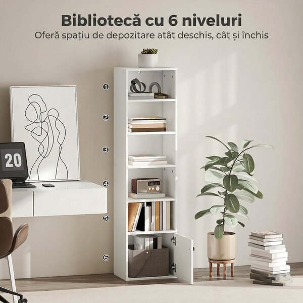 HOMCOM Bibliotecă verticală cu 6 niveluri și dulap, pentru living, dormitor și birou, 40x30x156 cm, albă | Aosom Romania