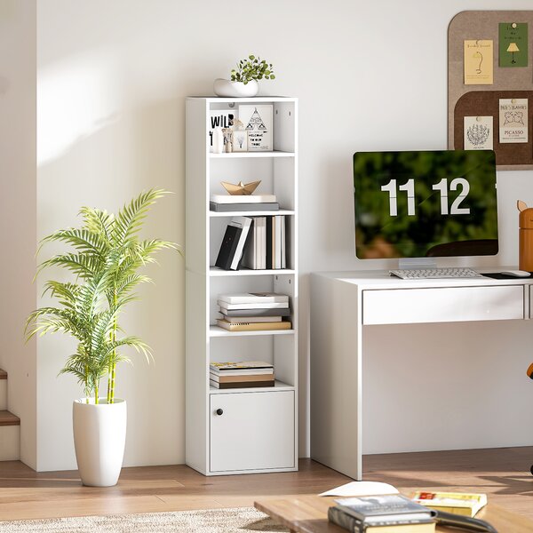 HOMCOM Bibliotecă verticală cu 6 niveluri și dulap, pentru living, dormitor și birou, 40x30x156 cm, albă | Aosom Romania