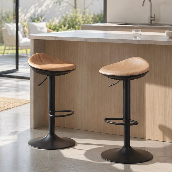 HOMCOM Set 2 scaune de bar din PU, reglabile pe înălțime, rotative 360°, cu suport pentru picioare, bază din oțel, efect lemn de stejar | Aosom Romania