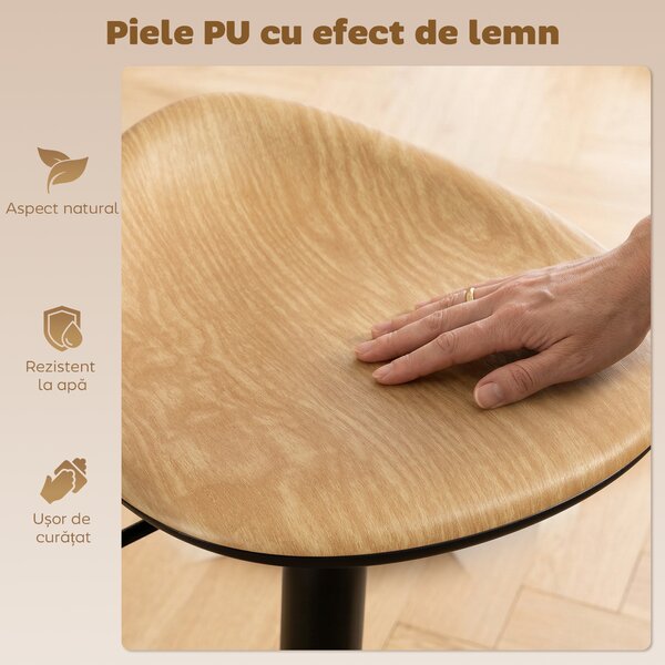 HOMCOM Set 2 scaune de bar din PU, reglabile pe înălțime, rotative 360°, cu suport pentru picioare, bază din oțel, efect lemn de stejar | Aosom Romania