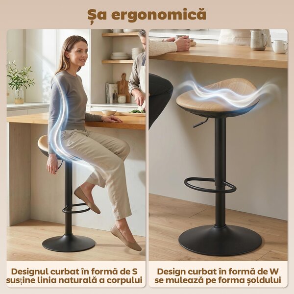 HOMCOM Set 2 scaune de bar din PU, reglabile pe înălțime, rotative 360°, cu suport pentru picioare, bază din oțel, efect lemn de stejar | Aosom Romania