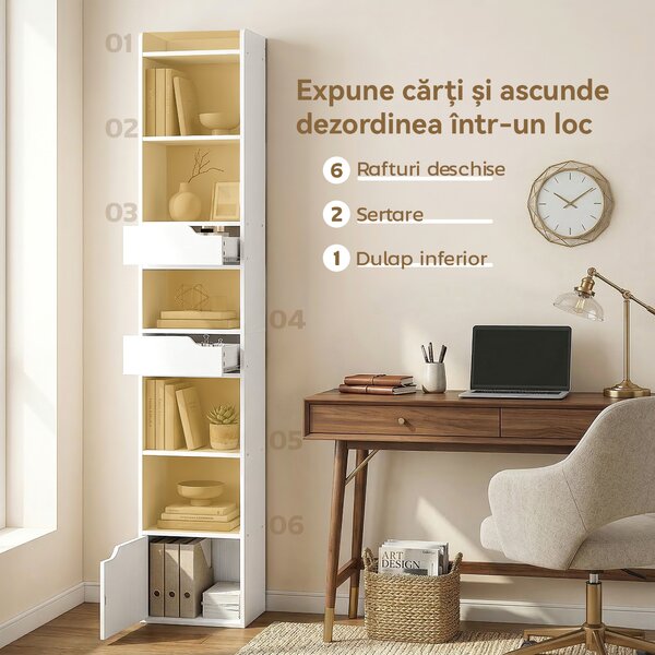 HOMCOM Bibliotecă verticală cu 6 rafturi, 2 sertare și dulap, alb efect lemn | Aosom Romania