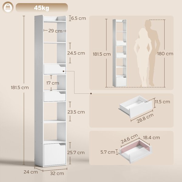 HOMCOM Bibliotecă verticală cu 6 rafturi, 2 sertare și dulap, alb efect lemn | Aosom Romania