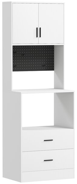 HOMCOM Dulap pentru Microunde cu Dulap, Blat de Lucru, Mobilă de Bucătărie cu 2 Sertare, Panou Metalic, 4 Cârlige, Raft Reglabil pentru Bucătărie, Sală de Masă, Living, Alb | Aosom Romania