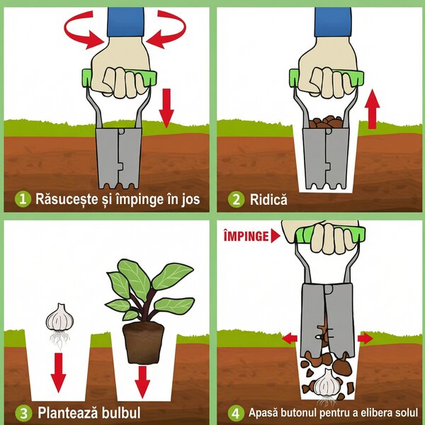 Plantator de bulbi din oțel, cu manetă de eliberare, 23 cm