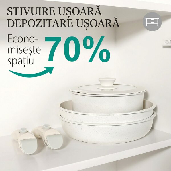 Set 9 piese vase de gătit cu mânere detașabile, acoperire granit