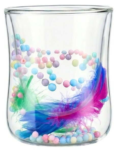 Pahar cu inserție de pene mov, verzi și biluțe colorate pastel, pereți dubli, sticlă borosilicată, 200 ml, Aurora Bloom