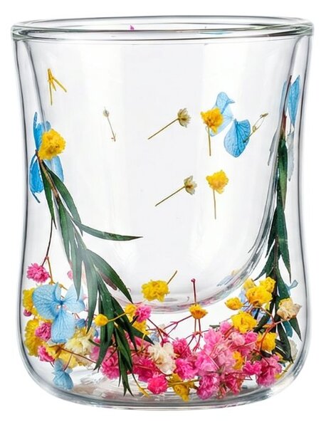 Pahar cu inserție de flori uscate, floarea miresei galben, roz și verde, pereți dubli, sticlă borosilicată, 200 ml, Aurora Bloom