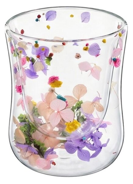 Pahar cu inserție de flori uscate, hortensii și limonium culori pastel, pereți dubli, sticlă borosilicată, 200 ml, Aurora Bloom