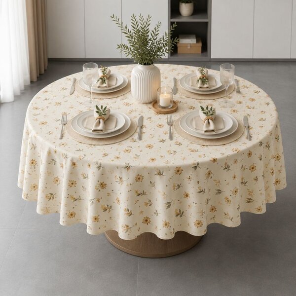 Fata de masa teflonata, rotunda, diametru 140cm, Floricele galbene F12