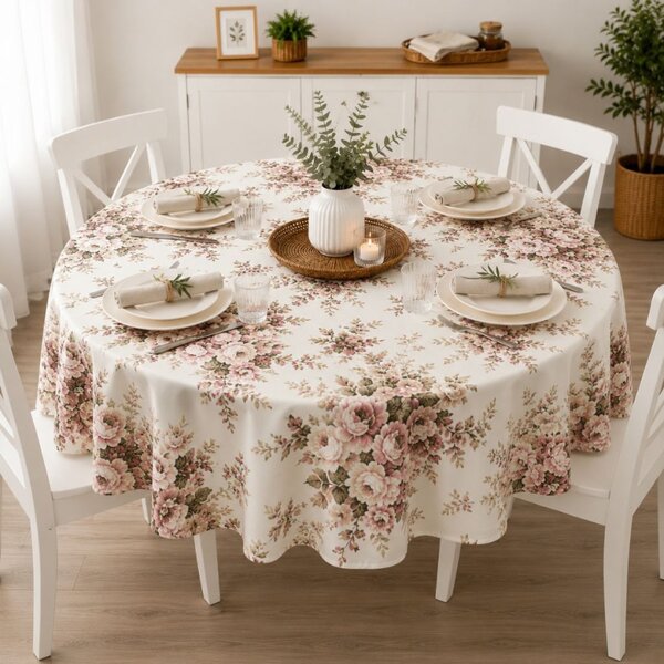 Fata de masa teflonata, rotunda, diametru 140cm, Trandafiri roz