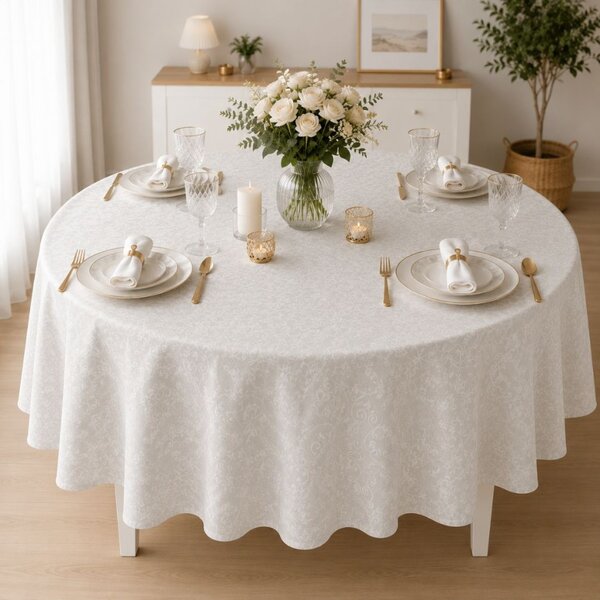 Fata de masa teflonata, rotunda, diametru 140cm, Alba cu imprimeu ornamental F8