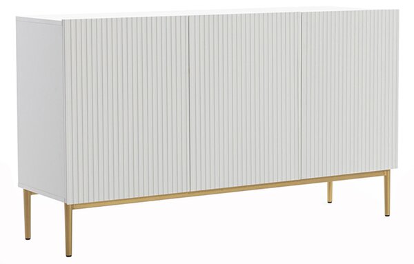 Comodă Nicole 150 cm cu 3 uși, fronturi riflate - alb mat / picioare aurii
