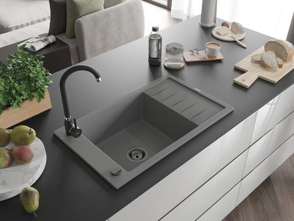 Mexen Elias, chiuveta granit granit 795x480x200 mm, 1 camera, gri cu sifon negru, 6511791005-71-B