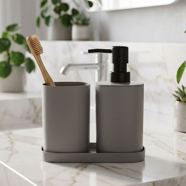 Set accesorii de baie, 3 piese, culoare gri, design modern