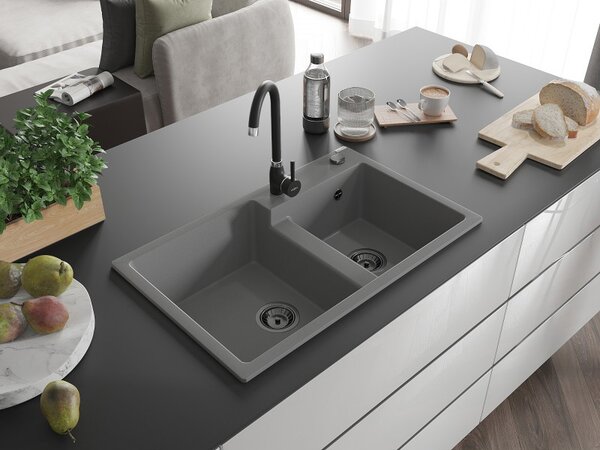 Mexen Tomas, chiuveta granit 800x500x190 mm, 2 camere, gri cu sifon negru, 6516802000-71-B