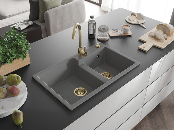 Mexen Tomas, chiuveta granit 800x500x190 mm, 2 camere, gri cu sifon auriu, 6516802000-71-G