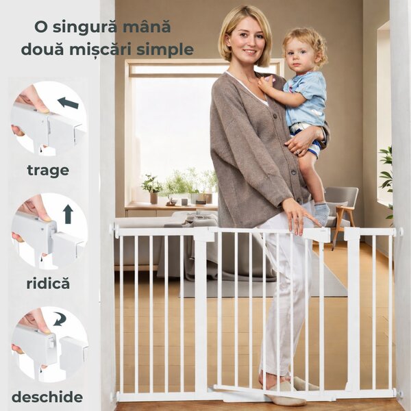 Poarta de siguranta copii Kidizi Rexa alb, reglabila 75–82 cm, montaj prin presiune, inchidere automata, certificata EN 1930