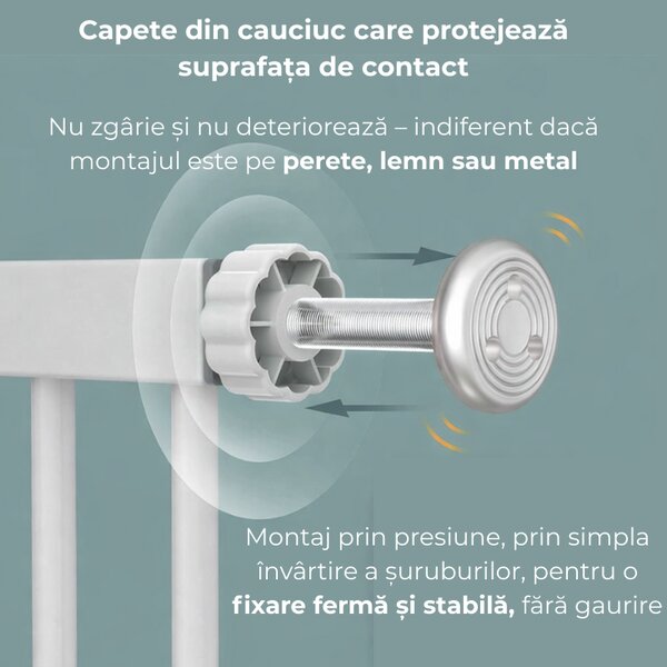 Poarta de siguranta copii Kidizi Rexa alb, reglabila 75–82 cm, montaj prin presiune, inchidere automata, certificata EN 1930
