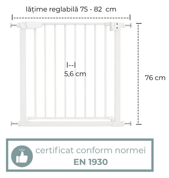 Poarta de siguranta copii Kidizi Rexa alb, reglabila 75–82 cm, montaj prin presiune, inchidere automata, certificata EN 1930