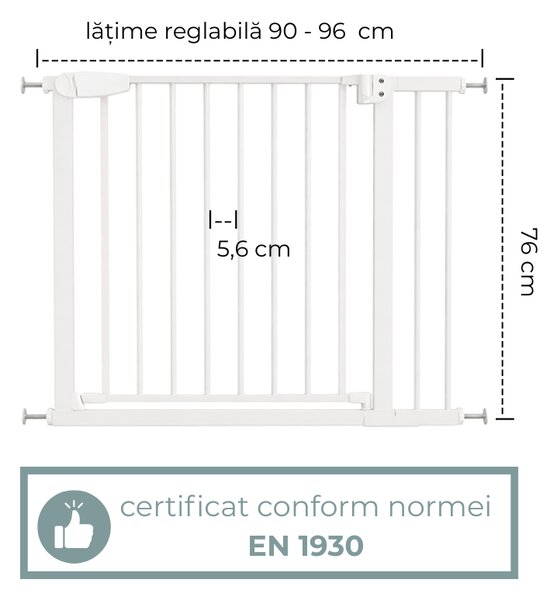 Poarta de siguranta copii Kidizi Rexa alb, reglabila 90-96 cm, montaj prin presiune, inchidere automata, certificata EN1930