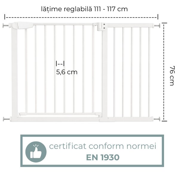 Poarta de siguranta copii Kidizi Rexa alb, reglabila 111-117 cm, montaj prin presiune, inchidere automata, certificata EN1930