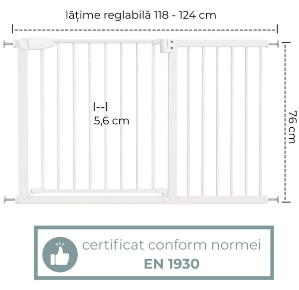 Poarta de siguranta copii Kidizi Rexa alb, reglabila 118-124 cm, montaj prin presiune, inchidere automata, certificata EN 1930
