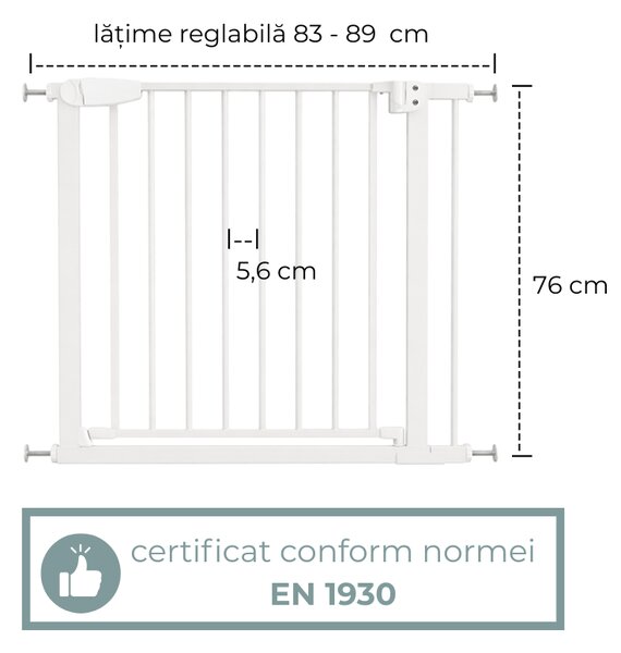 Poarta de siguranta copii Kidizi Rexa alb, reglabila 83–89 cm, montaj prin presiune, inchidere automata, certificata EN 1930