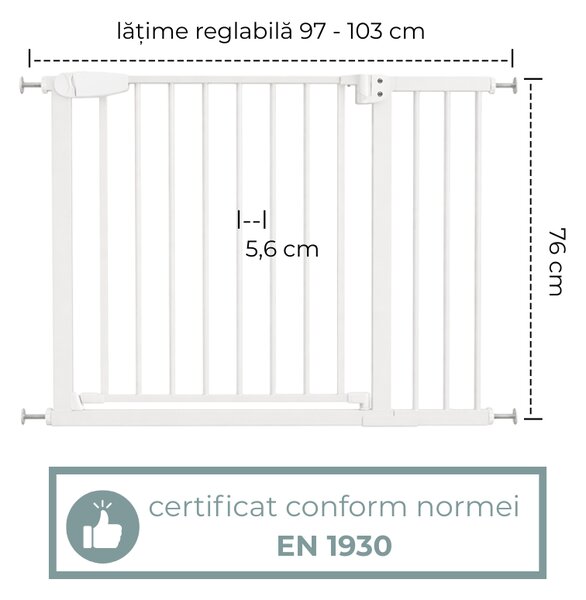 Poarta de siguranta copii Kidizi Rexa alb, reglabila 97-103 cm, montaj prin presiune, inchidere automata, certificata EN 1930