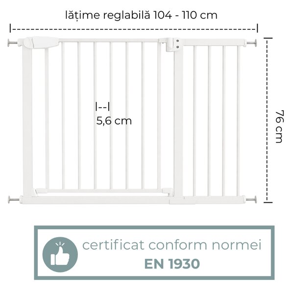 Poarta de siguranta copii Kidizi Rexa alb, reglabila 104-110 cm, montaj prin presiune, inchidere automata, certificata EN 1930