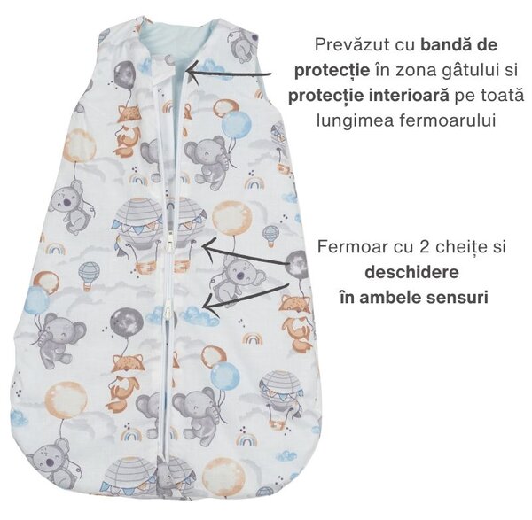 Sac de dormit bebe de vara din bumbac 100% 0-3 luni Kidizi Tiny Adventures, 0.5 tog