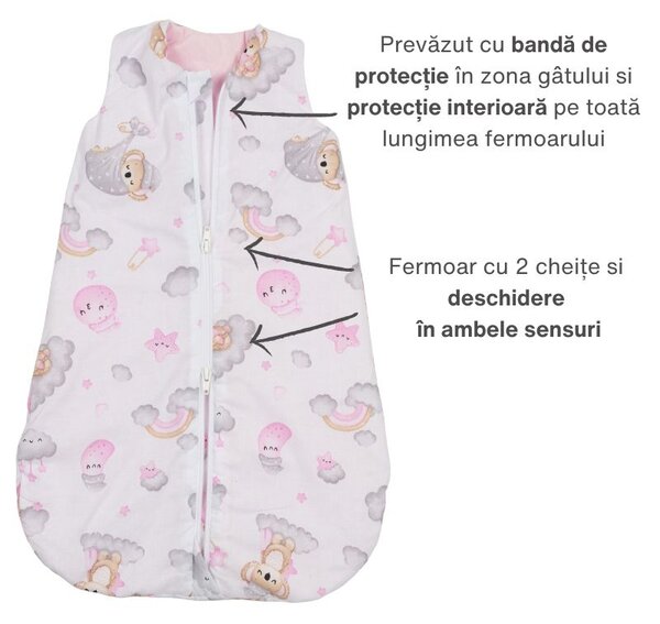 Sac de dormit bebe de vara din bumbac 100% 0-3 luni Kidizi Koala Dreams Pink, 0.5 tog