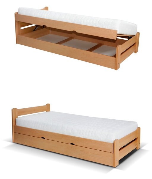 Pat single cu spațiu de depozitare Relax, lemn masiv (90x200)