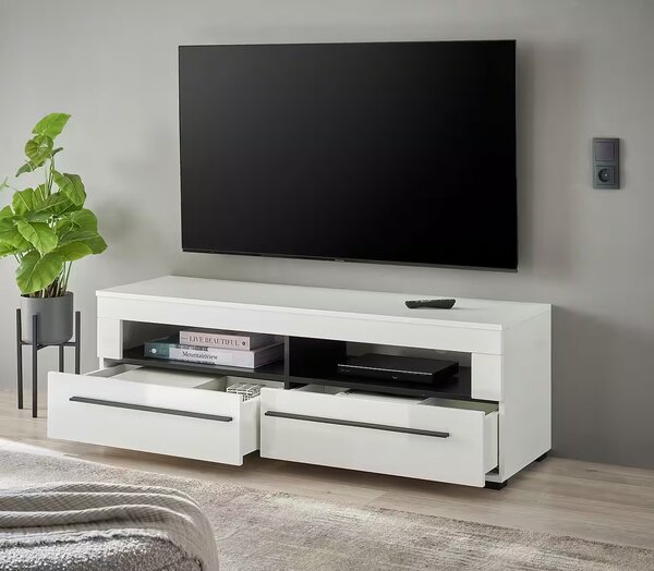 Comodă TV ~Napoli~ fronturi MDF, alb lucios, 2 sertare, mânere negre, 140 cm lungime
