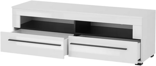 Comodă TV ~Napoli~ fronturi MDF, alb lucios, 2 sertare, mânere negre, 140 cm lungime
