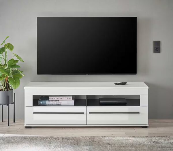 Comodă TV ~Napoli~ fronturi MDF, alb lucios, 2 sertare, mânere negre, 140 cm lungime