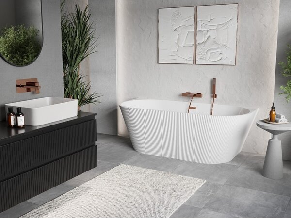 Cadă de baie independentă Mexen Oris cu caneluri 150 x 75 cm, alb lucios, preaplin cupru mat, 52871507500-65