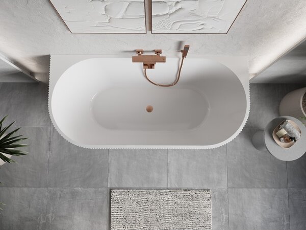 Cadă de baie independentă Mexen Oris cu caneluri 150 x 75 cm, alb lucios, preaplin cupru mat, 52871507500-65